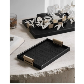 Woven Pattern Black Leather Tray Beige Storage Tray Advanced Aromatherapy Storage Trays Home Living Room Coffee Table Decoration